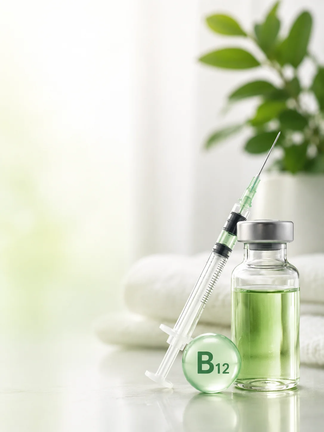 Vial of green B12 vitamin injection liquid