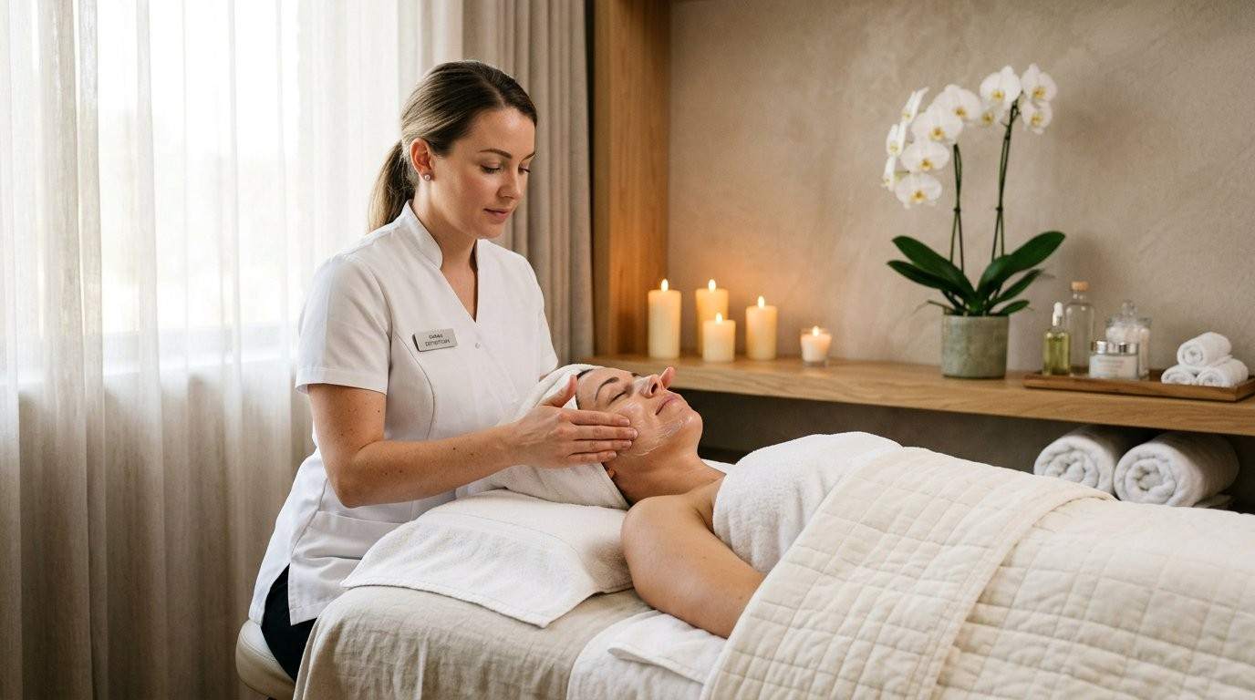Esthetician performing a facial on a relaxed client in a serene spa setting