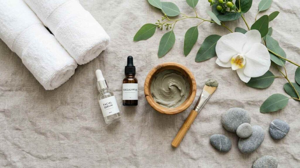 Flat lay of facial products & tools (serums, clay mask, towels, eucalyptus)
