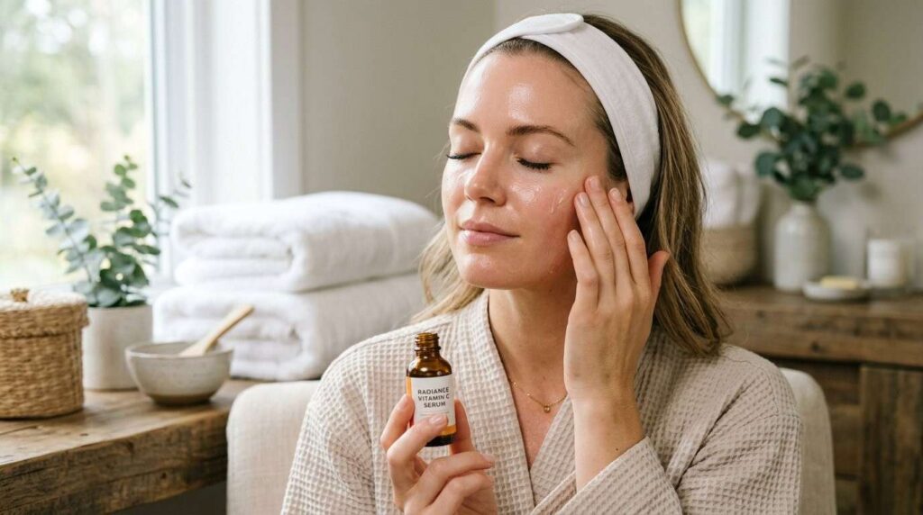 Close-up of glowing, dewy skin applying vitamin C serum